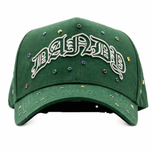 Green baseball cap with white “DANDY” embroidery and multicolored rhinestones on white background.