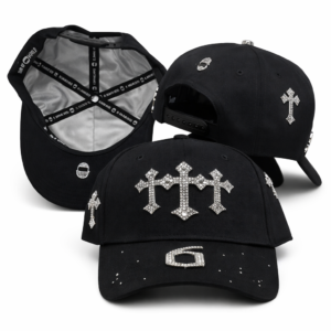 Black baseball caps with rhinestone cross embellishments and metallic accents on white background.