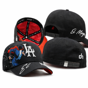 Black baseball cap with LA logo, magician embroidery, and red interior lining on white background.