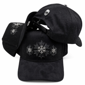 Black baseball caps with metallic starburst embellishments and rhinestones on white background.