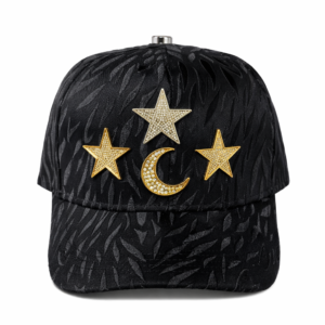 Black baseball cap with gold and silver celestial embellishments and rhinestones on white background.