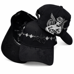 Gothic Cherub & Skull Embroidered Cap – Black Streetwear Edition