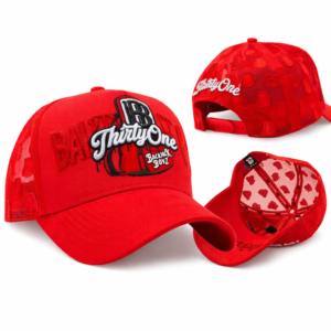 Red mesh baseball caps with embroidered “ThirtyOne” and “Backpack Boyz” logos on white background.