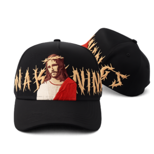 Black embroidered baseball caps featuring Jesus design and thorn lettering