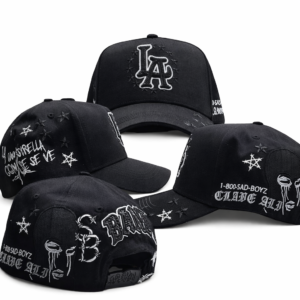 Black embroidered baseball caps with LA and CLAVE ALI designs