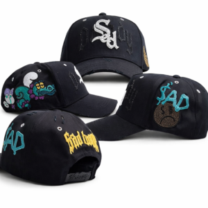 Black embroidered “Sad” snapback caps with colorful designs