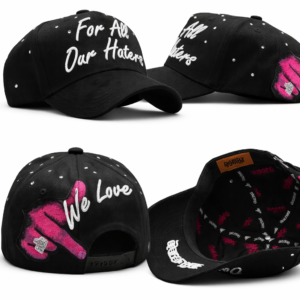 Black embroidered baseball cap with white text and pink graphic design