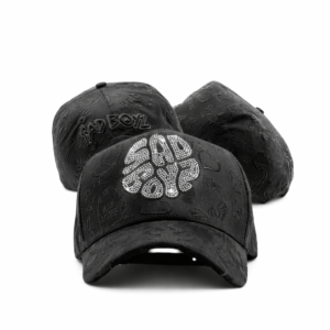 Three black “Sad Boyz” caps with rhinestone and embroidered designs on a white background.