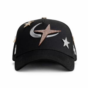 Black baseball cap with rhinestone star and crescent moon design