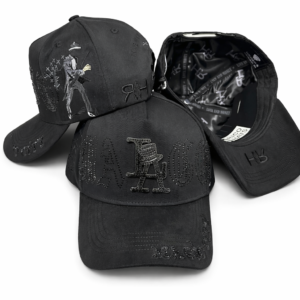Black embroidered LA baseball caps with metallic and graphic designs