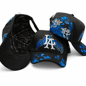 SadBoyz LA embroidered black baseball caps with blue and white designs