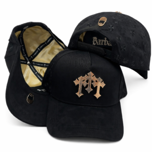 Luxury black baseball cap with gold cross embellishments and embossed star pattern