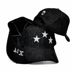Black textured baseball cap with silver stars and white logo