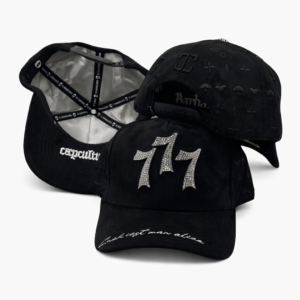 Three black baseball caps with rhinestone “777” and embroidered details on a white background.