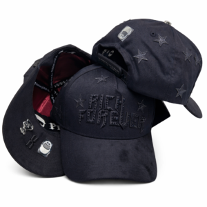Three black “Rich Forever” baseball caps with embroidery and metallic details on a white background.
