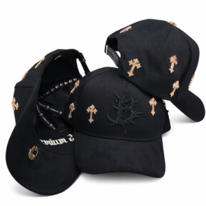 Black baseball cap with metallic cross embellishments and embroidered B logo