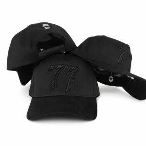 Black baseball cap with embroidered “77” design and logo on back