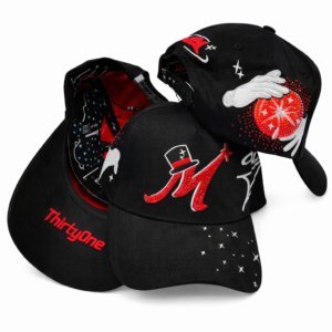Three black baseball caps with red and white embroidered magic-themed designs and rhinestones.