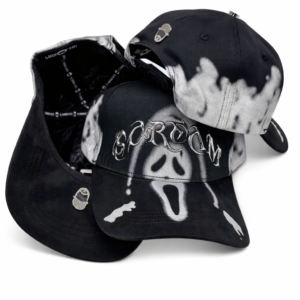 Three black Ghostface “SCREAM” baseball caps with white airbrushed horror design and metallic embroidery.