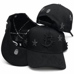 Black embellished baseball caps with star studs and beaded “B” emblem