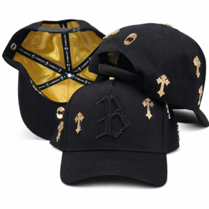 Black baseball cap with metallic crosses and gold interior lining