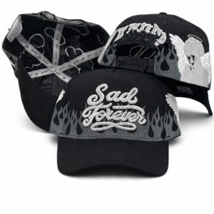 Three black embroidered baseball caps with “Sad Forever” text, angel motif, and heart-patterned lining.