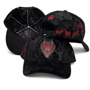 Black baseball cap with red embroidery and metallic emblem