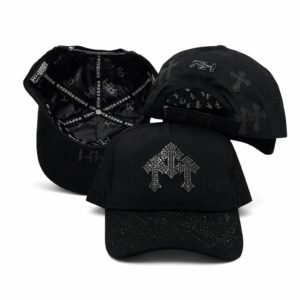 Black baseball caps with metallic cross embellishments and embroidered details
