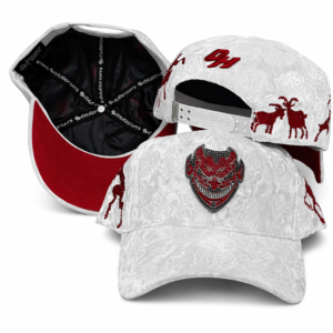 White and red embroidered demon mask baseball cap with goats and BH logo