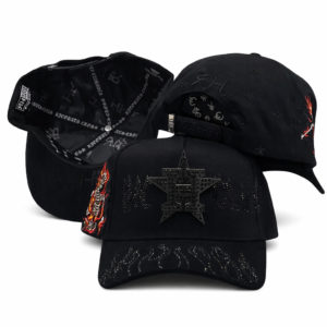 Black baseball caps with star and flame embroidery