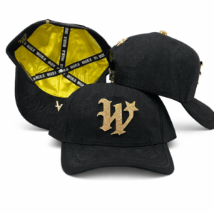 Black embossed baseball cap with gold “W” logo and yellow lining