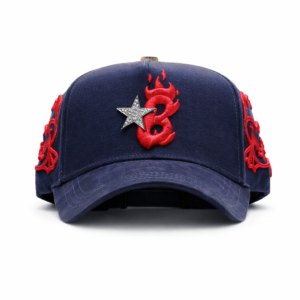 Navy blue baseball cap with red flame embroidery and silver star emblem.