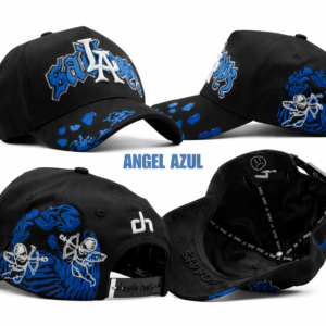 Black baseball cap with blue and white “SADBOY” embroidery and cherub graphics on white background.