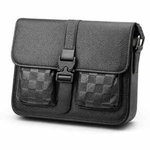 Black textured shoulder bag with checkerboard pockets