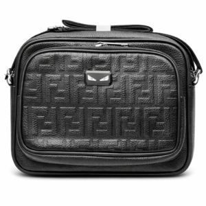 Black leather shoulder bag with embossed “F” pattern and metal emblem