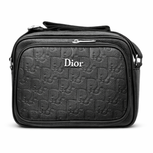 Dior black embossed leather shoulder bag with silver logo and zip closure.
