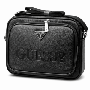 GUESS black textured leather shoulder bag with embossed logo and silver hardware