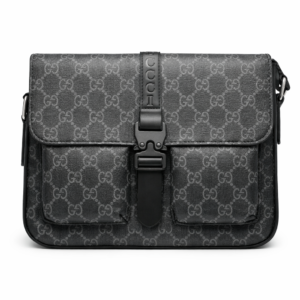 Black Gucci shoulder bag with GG pattern and embossed strap