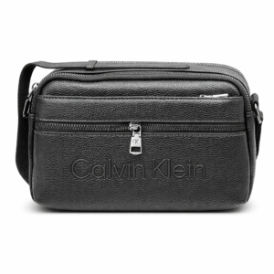 Calvin Klein black textured crossbody bag with embossed logo and silver zipper