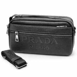 Prada Milano black leather crossbody bag with silver zippers and embossed logo