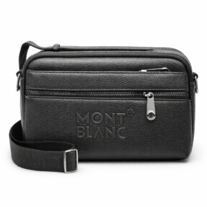 Montblanc black leather crossbody bag with embossed logo and silver zippers