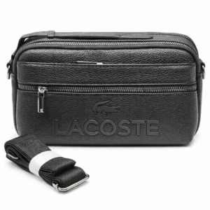 Lacoste black textured crossbody bag with embossed logo and silver zippers
