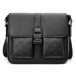 Gucci black leather shoulder bag with embossed logo and flap closure