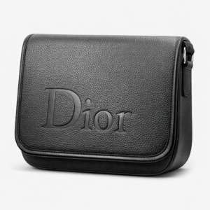 Dior black pebbled leather shoulder bag on white background