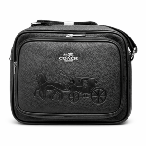 Coach black leather crossbody bag with embossed carriage and metallic logo