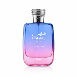Hawas London For Him perfume bottle with blue-pink gradient and silver cap