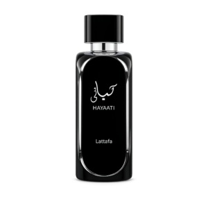 Hayaati Black perfume bottle by Lattafa on white background