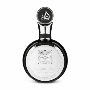 Fakhar Black perfume bottle with silver embossed design on white background