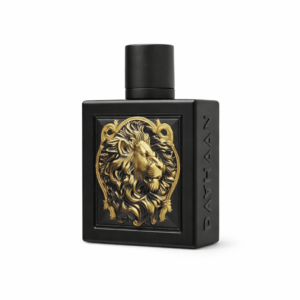 Rayhaan Lion black and gold perfume bottle with matte finish and gold lion emblem