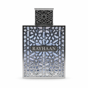 Rayhaan Aquatica perfume bottle with metallic filigree design and light blue fragrance